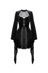 Black Long Trumpet Sleeves Spliced Lace-Up Spider Mesh Women's Gothic Velvet Wedding Dress - Product - 3