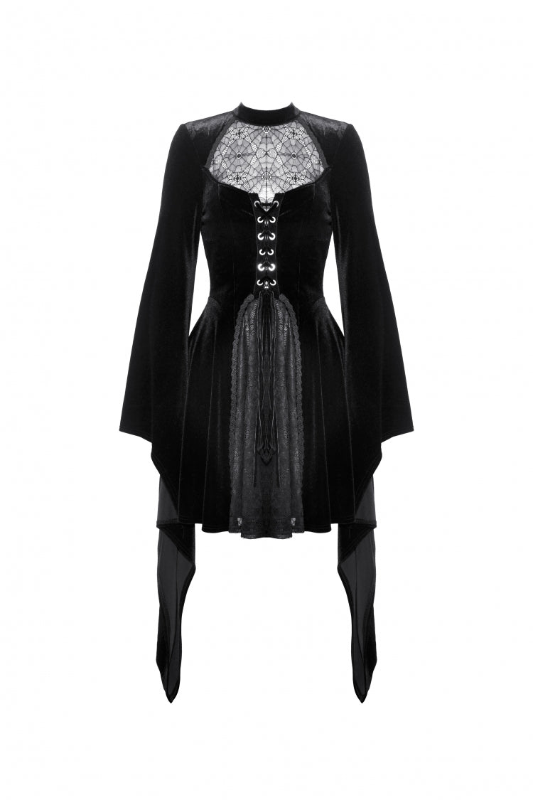 Black Long Trumpet Sleeves Spliced Lace-Up Spider Mesh Women's Gothic Velvet Wedding Dress - Product - 3