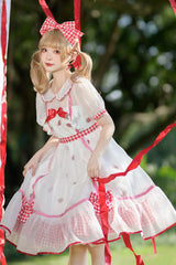 White/Red Round Collar Short Sleeves High Waist Strawberry Print Sweet Lolita Dress - Product - 3