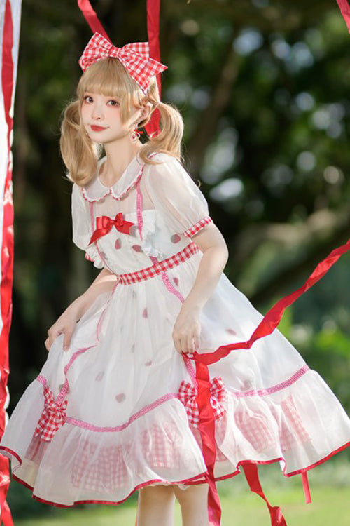 White/Red Round Collar Short Sleeves High Waist Strawberry Print Sweet Lolita Dress - Product - 3