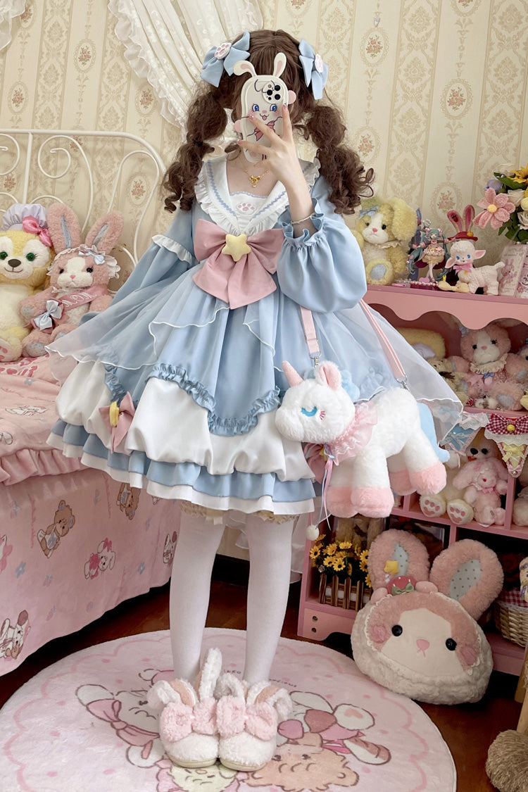 [Pray Star] Long Sleeves Double-Layered Ruffle Bowknot Stitching Lace Sweet Lolita Dress 5 Colors - Product - 4
