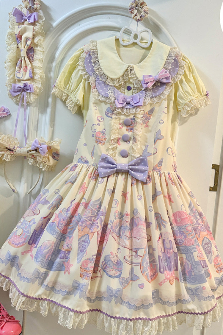 Cream Soda Mermaid Print Light Yellow Bowknot Lace Sweet Strap (Dress Only) detail view 9