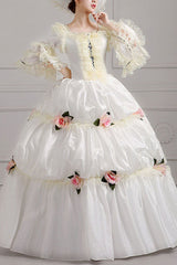 White Court Style High Waisted Flowers Victorian Lolita Prom Dress - white - 1