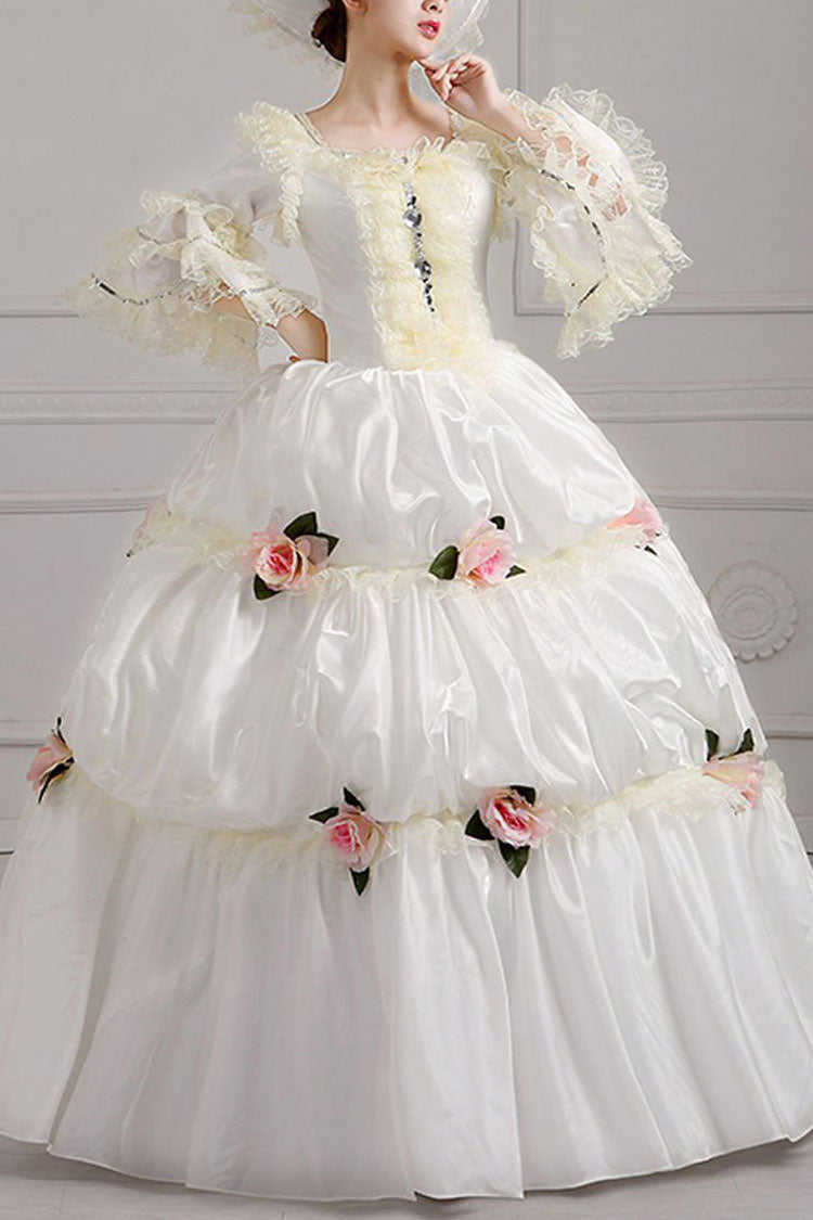 White Court Style High Waisted Flowers Victorian Lolita Prom Dress - white - 1