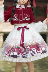 Red/White Chinese Style Lantern Sleeves Panda Print Sweet Lolita OP Dress - Red/White - 1