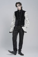 Black Stand Collar Sleeveless Jacquard Embroidered Buckled Pleated Men's Gothic Vest - Product - 4