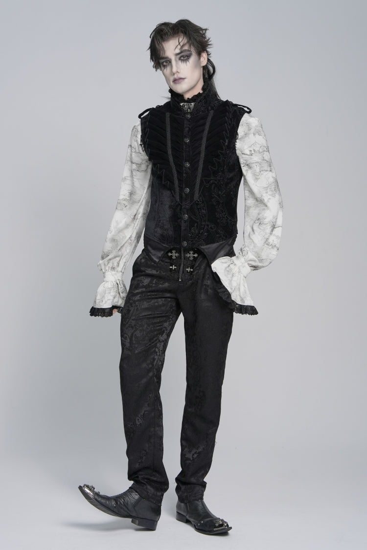 Black Stand Collar Sleeveless Jacquard Embroidered Buckled Pleated Men's Gothic Vest - Product - 4