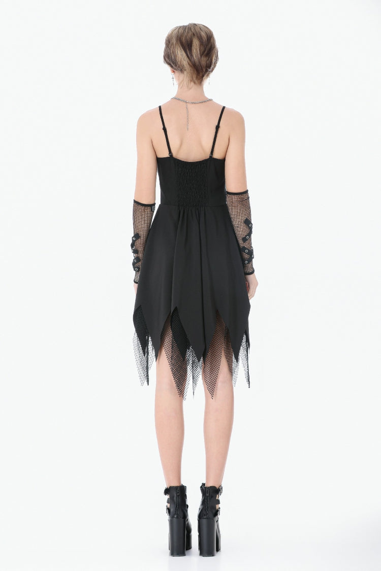 Black Sleeveless Mesh Spliced Studded Zipper Women's Punk Slip Dress - Product - 4