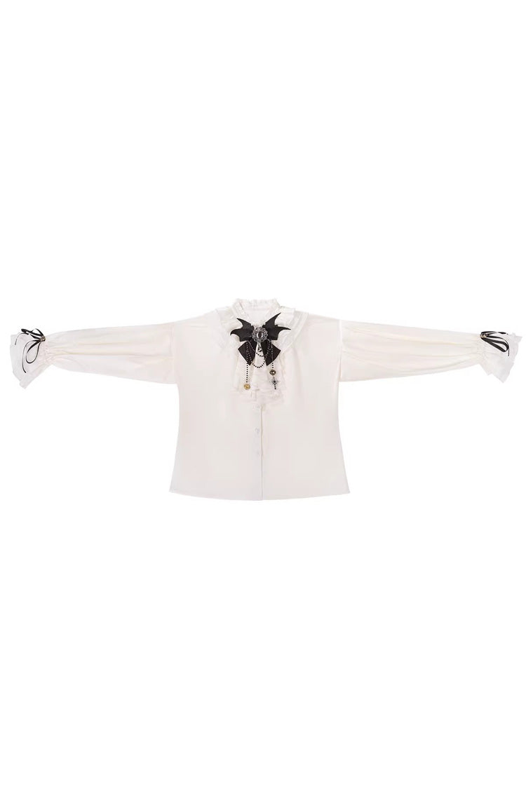 Black [Rabbit-Ear Meteorite] Stand Collar Long Sleeves Ruffled Embroidered Bow Gothic Ouji Lolita Shorts Vest Set - Top - 10