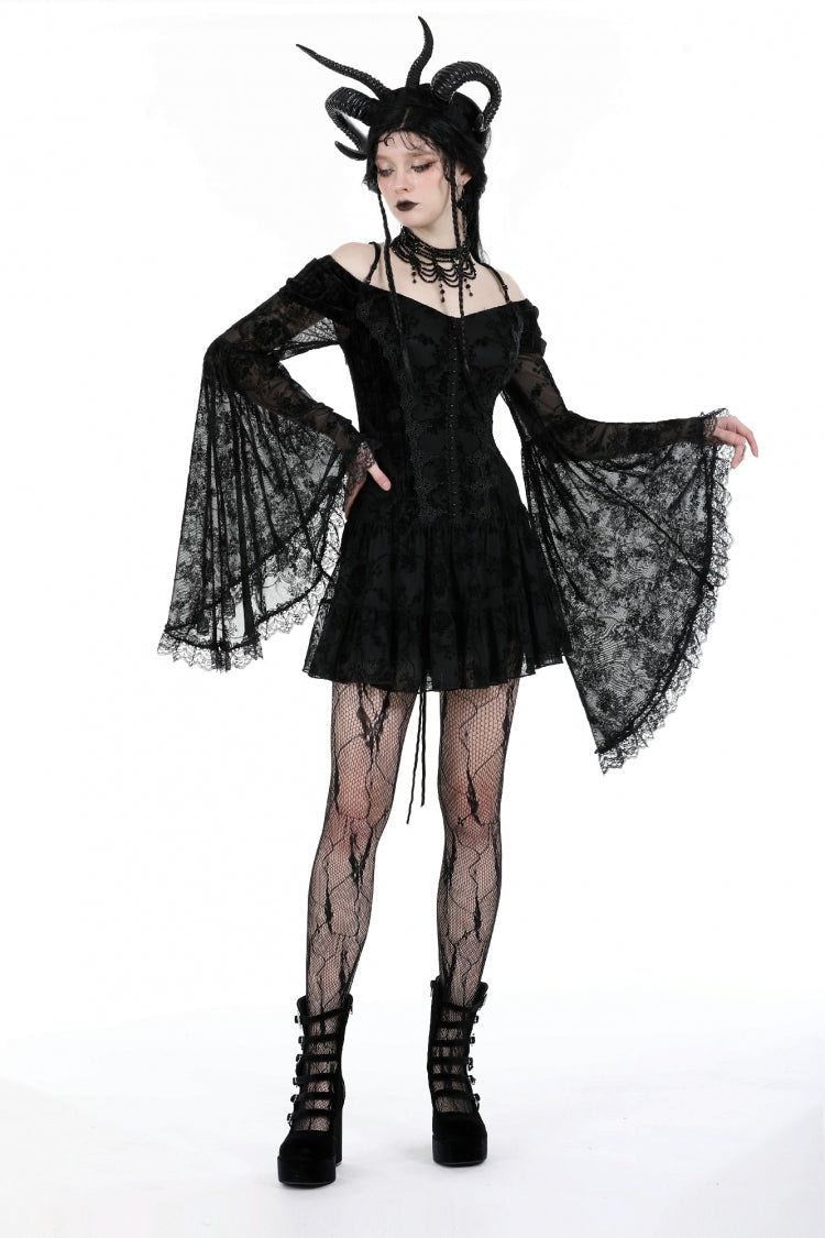 Black Off Shoulder Long Trumpet Sleeves Velvet Spliced Mesh Women's Gothic Graduation Dress - Product - 8