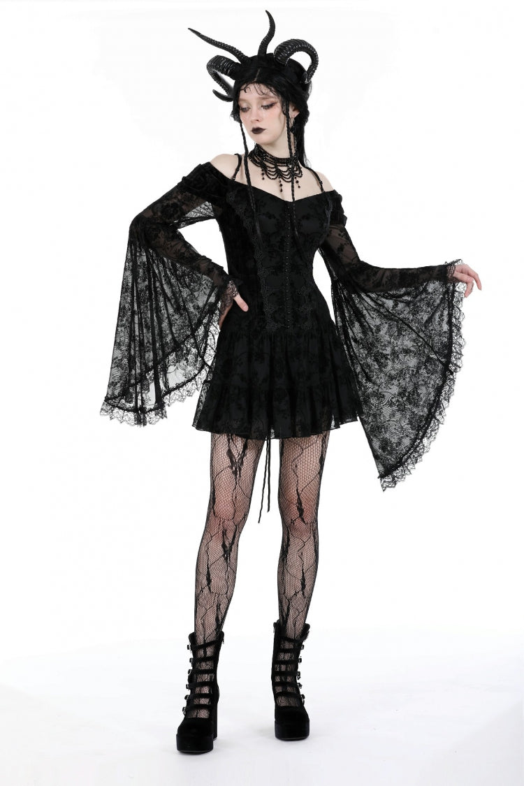 Black Off Shoulder Long Trumpet Sleeves Velvet Spliced Mesh Women's Gothic Graduation Dress - Product - 8