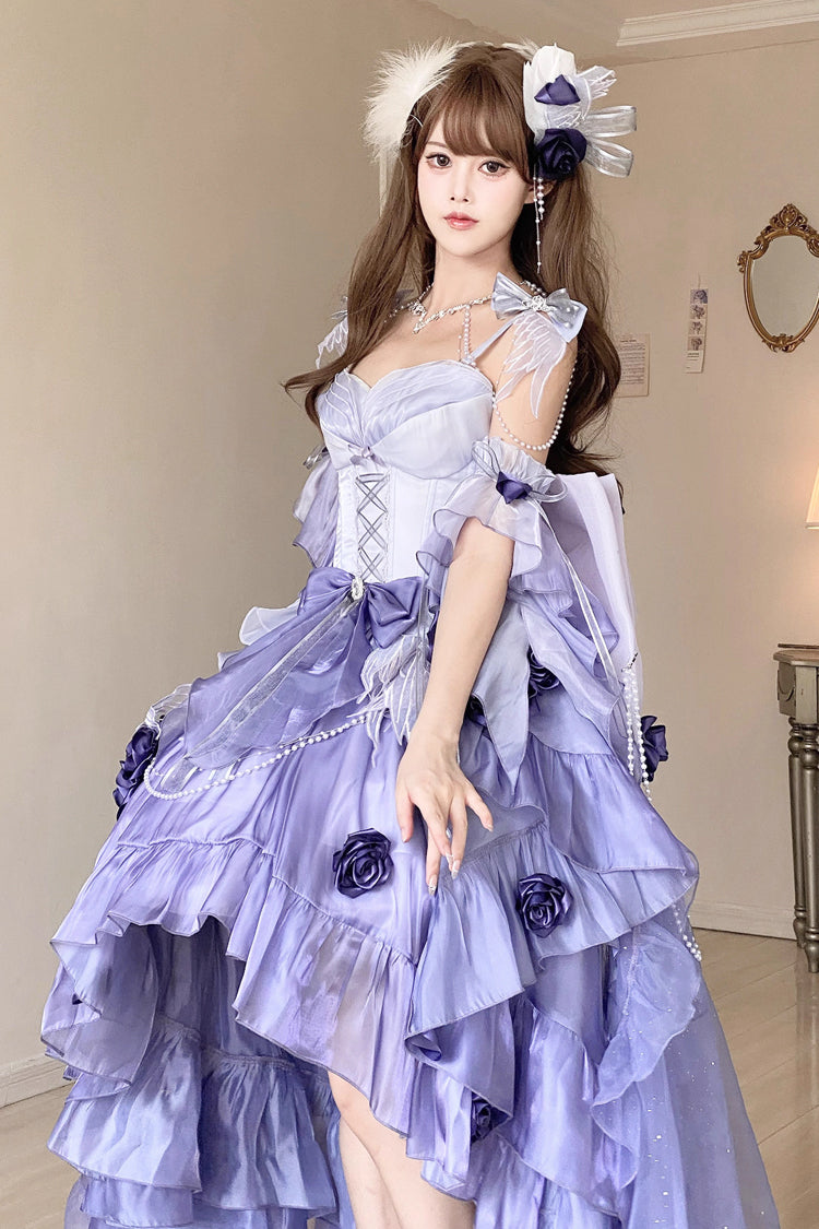 Misty Purple [Swan Wonderland] Embroidery Bowknot Lace-Up Short Front Long Back Irregular Sweet Ballet Lolita Jsk Dress - Product - 5