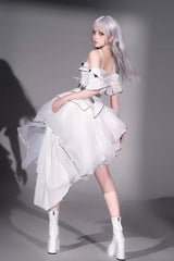 White [Silver Wings] Stand Collar Irregular Asymmetric Futuristic Style Punk Lolita Jsk Dress Set - Product - 4
