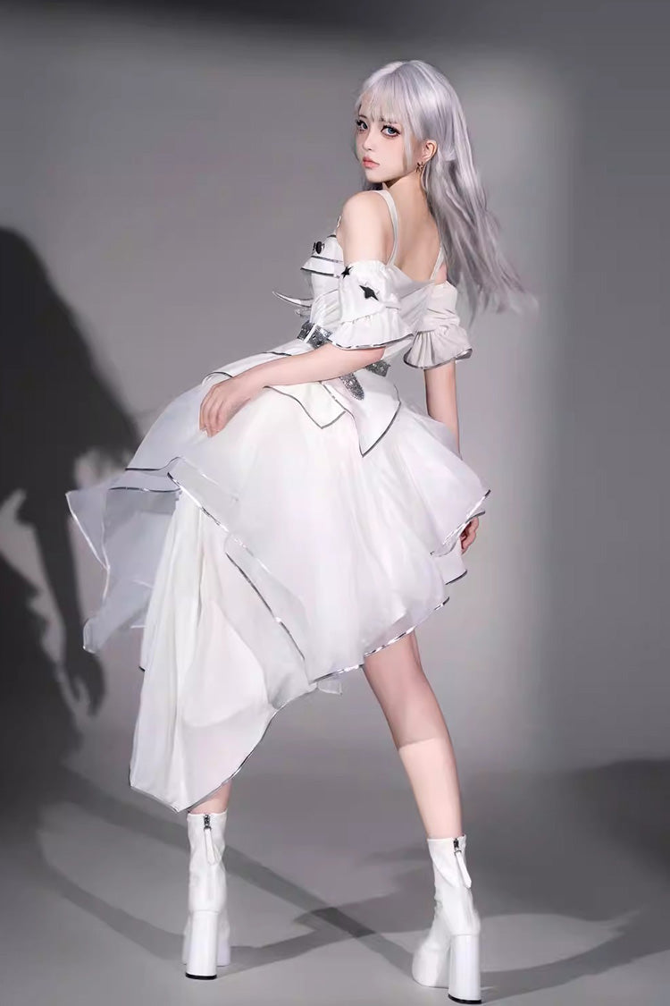 White [Silver Wings] Stand Collar Irregular Asymmetric Futuristic Style Punk Lolita Jsk Dress Set - Product - 4
