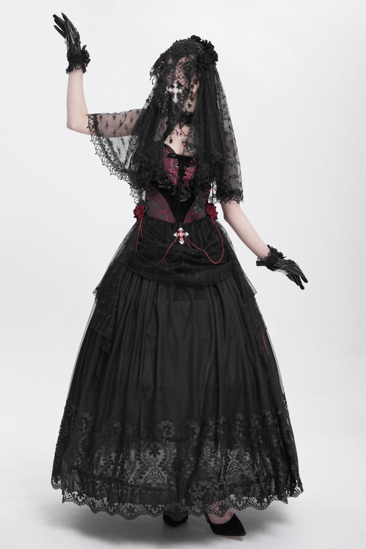 Red Halterneck Sleeveless Embroidery Stitching Rose Heart Lace Women's Gothic Blouse - Product - 5