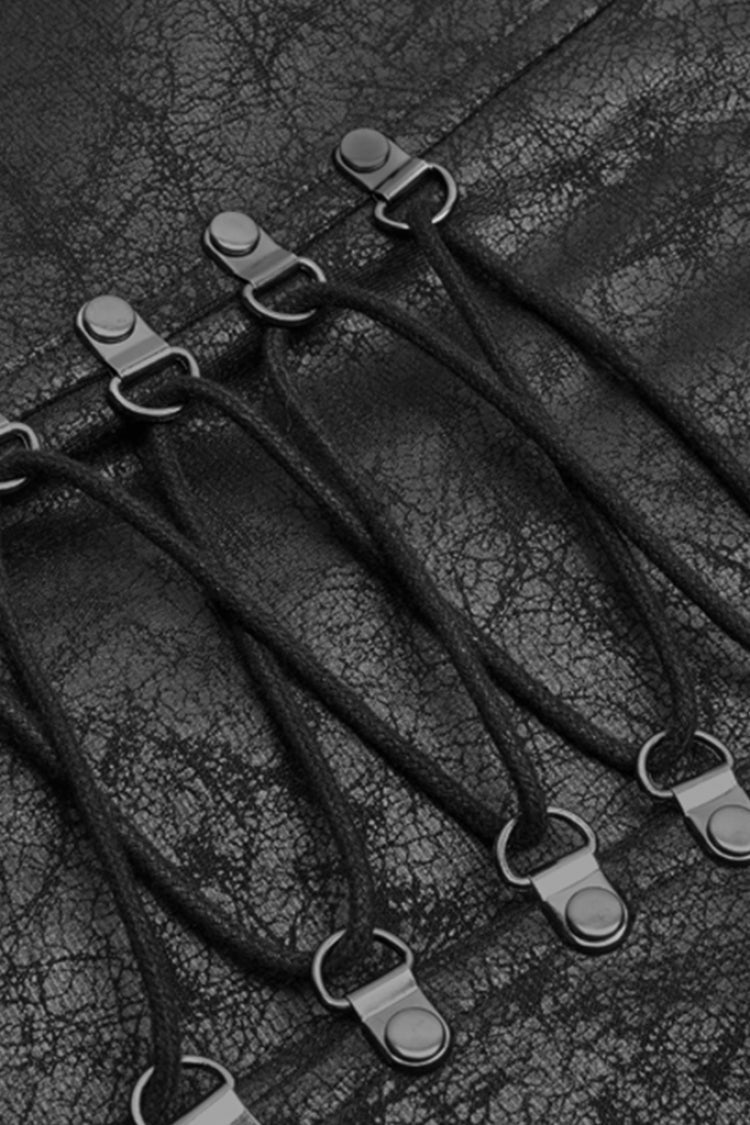 Black Stand Collar Long Sleeves Metal Ring Woven Strap Womens Gothic Long Coat - Product - 8