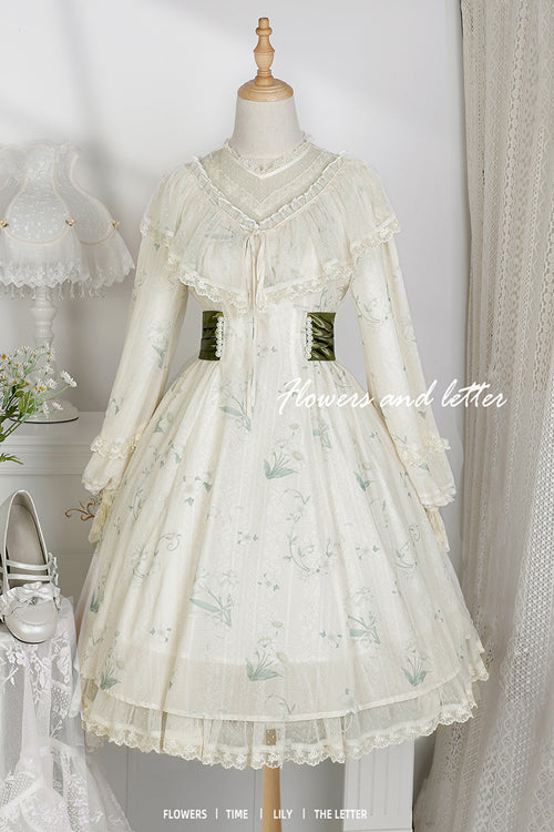 Beige Lace Round Collar Ruffled Lantern Sleeves Fresh Floral Print Sweet Lolita OP Dress - Product - 7