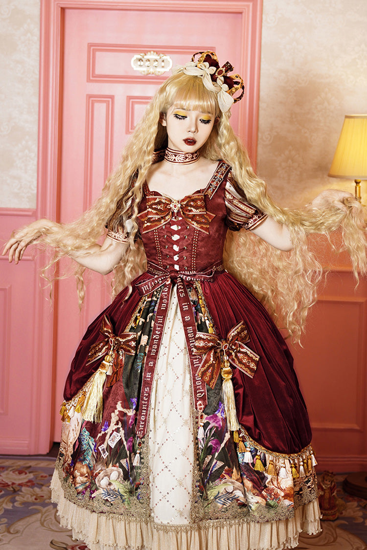 Red [Kaleidoscope of Dreams] Double-Layered Print Embroidery Bowknot Lace-Up Classic Vintage Gorgeous Lolita Dress - Product - 17