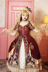 Red [Kaleidoscope of Dreams] Double-Layered Print Embroidery Bowknot Lace-Up Classic Vintage Gorgeous Lolita Dress - Product - 17