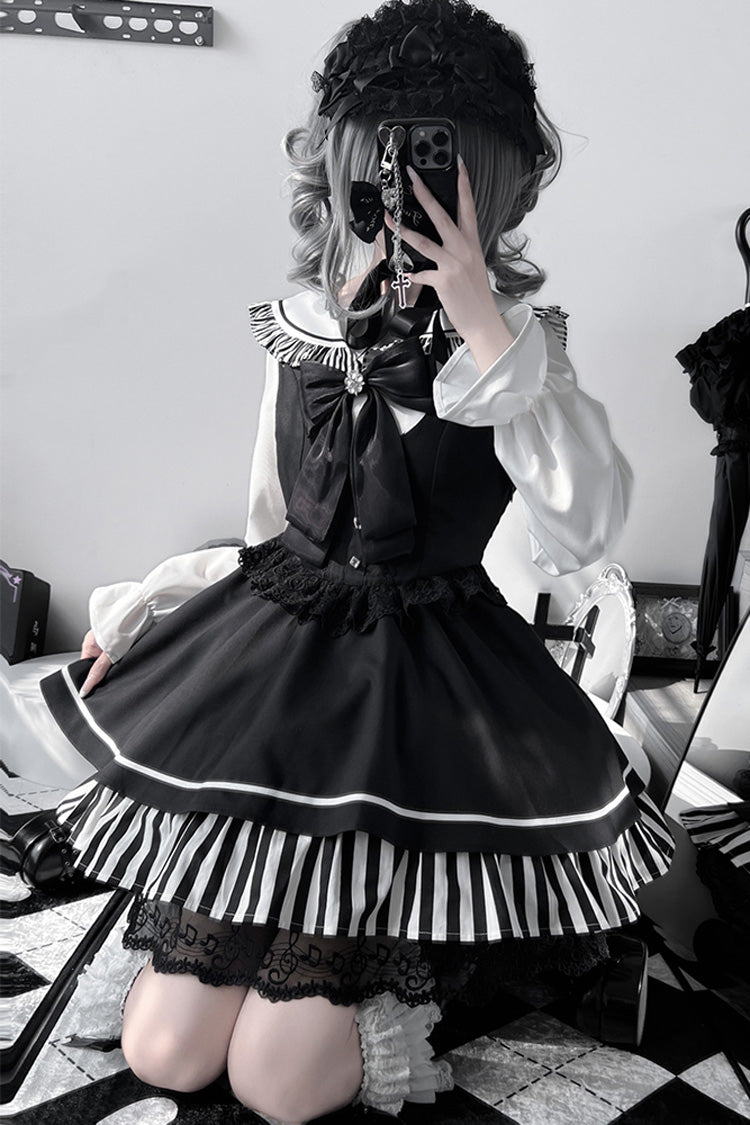 Black [Twilight Song] Stripe Print Bowknot Lace Jirai Kei Jumper Dress - Product - 3