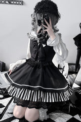 Black [Twilight Song] Stripe Print Bowknot Lace Jirai Kei Jumper Dress - Product - 3