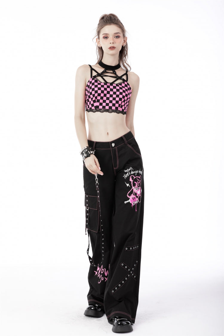 Black Dangerous Bear Chain-Decorated Women's Grunge Bell Bottom Pants - Product - 8