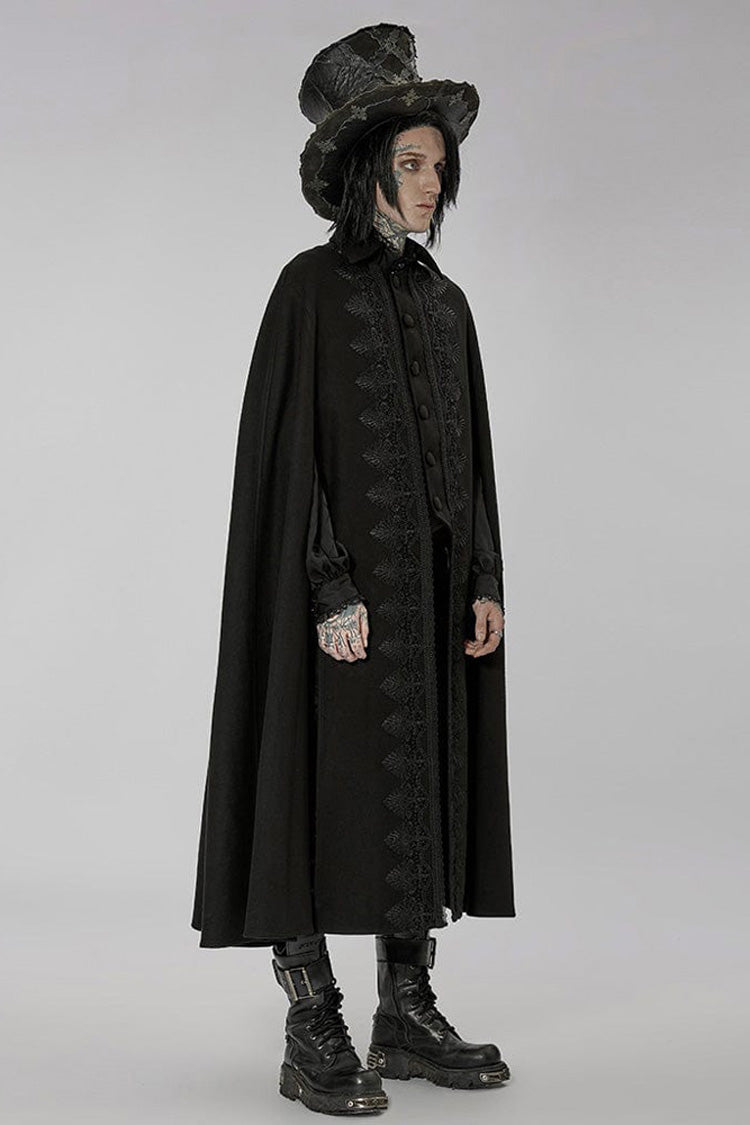 Black Punk Stand Collar Front Lacework Decorate Side Slit Long Men's Cloak - Product - 3