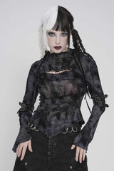 Black Stand Collar Long Sleeves Printed Spliced Lace-Up Asymmetric Buckled Women's Punk Blouse - Black - 10