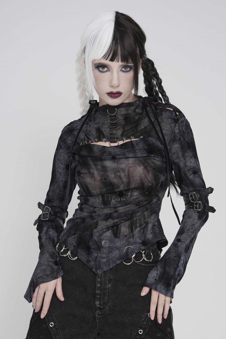 Black Stand Collar Long Sleeves Printed Spliced Lace-Up Asymmetric Buckled Women's Punk Blouse - Black - 10