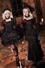 Black  [Letters & Poems · Twilight] Multi-Layered Jacquard Ruffled Witch Gothic Lolita Skirt 2 Versions - Product - 4