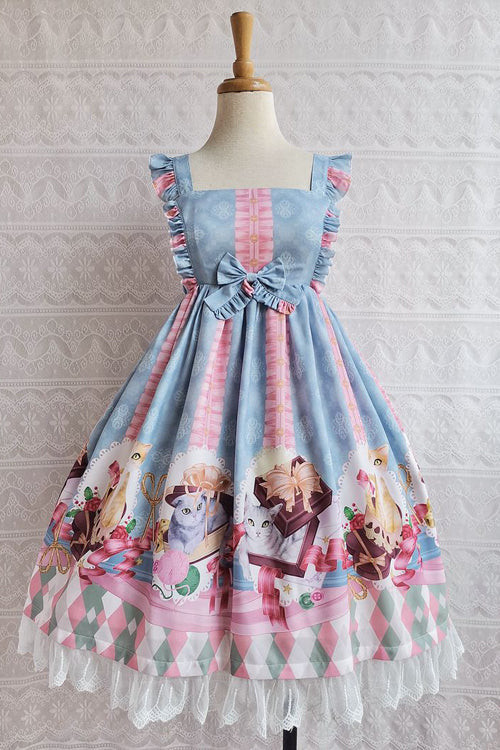 Chocolate Cat Print Ruffled High Waisted Sweet Lolita JSK Dress - Blue - 2