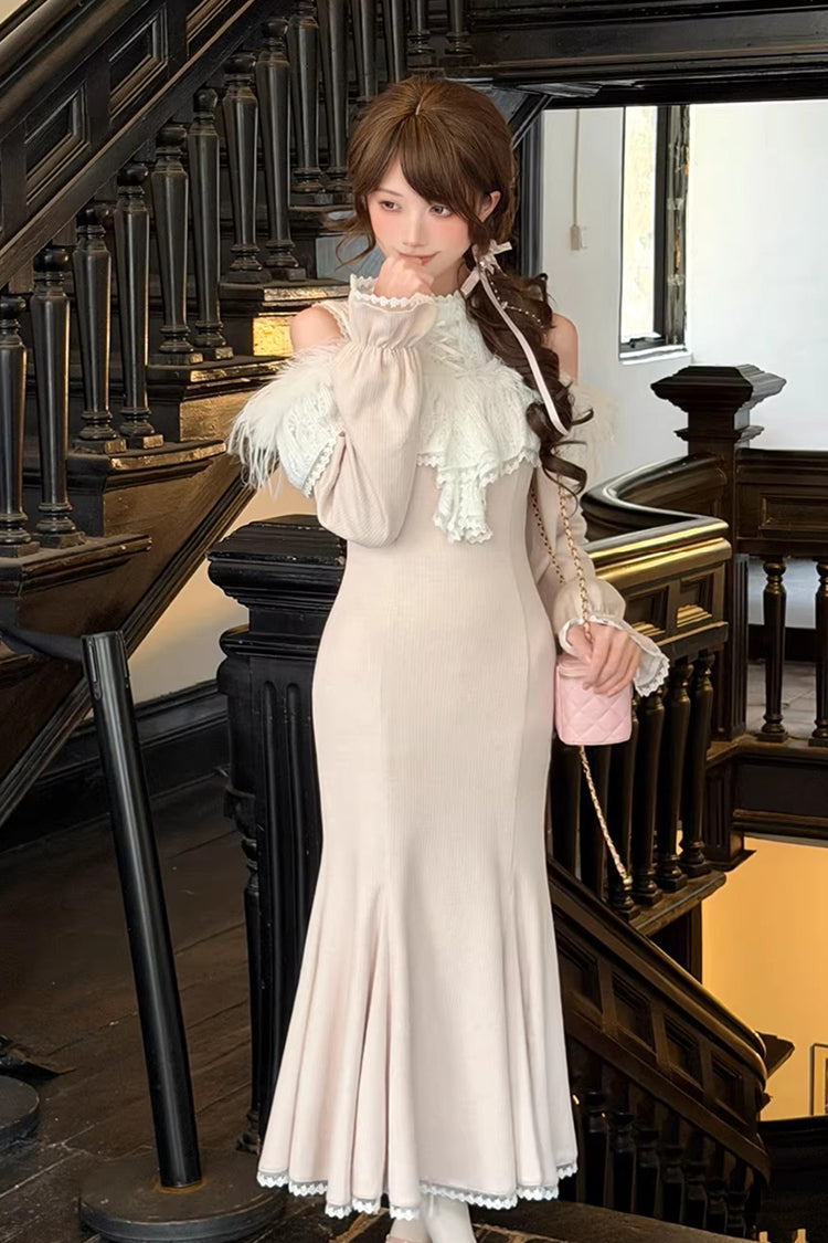 Pink [Little Love Song] Stand Collar Off Shoulder Long Sleeves Lace Sweet Japanese Elegant Lolita Mermaid Long Dress - Pink - 1