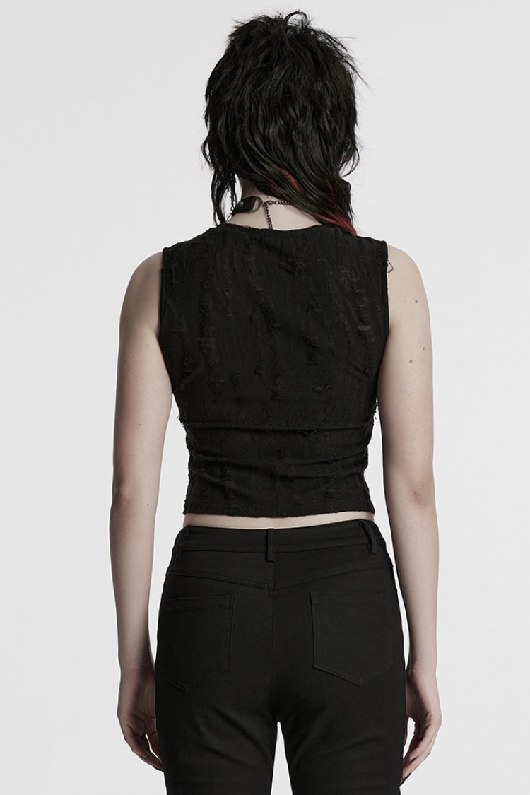 Black Sleeveless Strap Stitching Ripped Women's Punk Vest - Product - 3