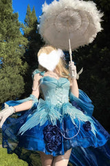 Undersea Blue [Swan Wonderland] Embroidery Bowknot Lace-Up Sweet Ballet Lolita Jsk Dress Short Version - Product - 5