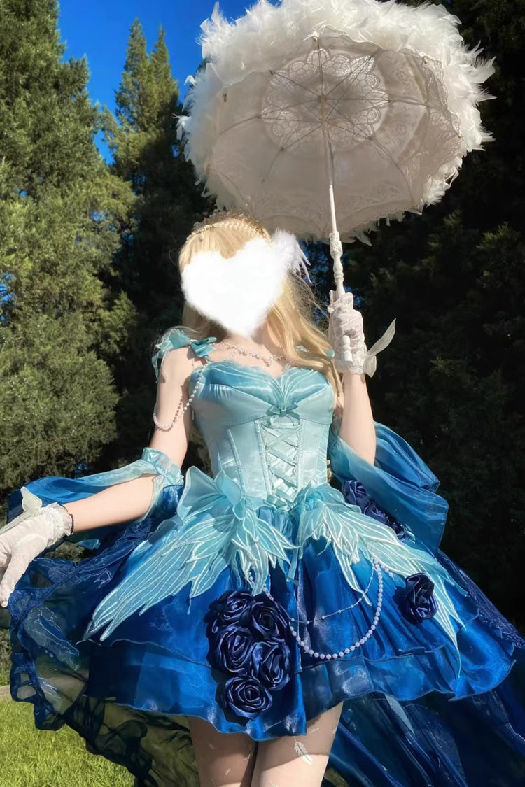 Undersea Blue [Swan Wonderland] Embroidery Bowknot Lace-Up Sweet Ballet Lolita Jsk Dress Short Version - Product - 5