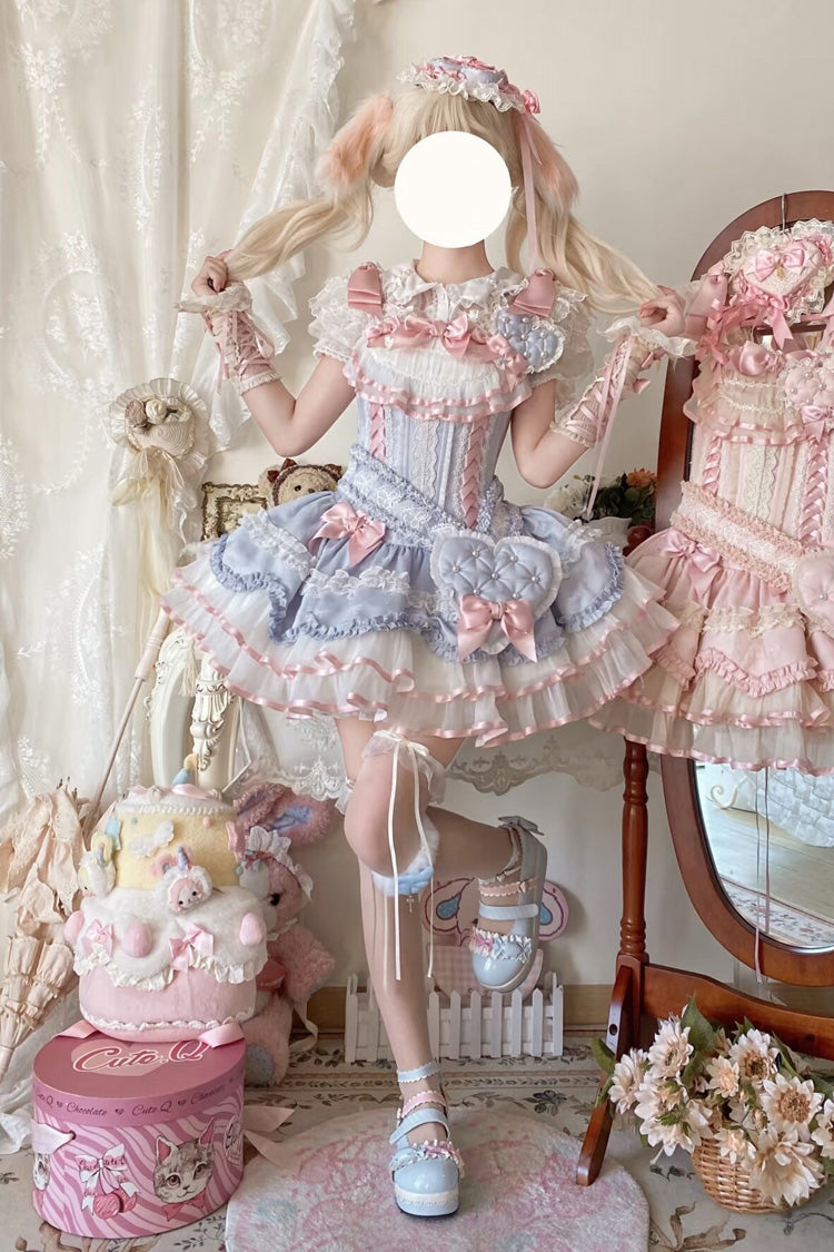 Blue Triple-Layered Ruffled Bow Lace-Up Slim Ballet Sweet Lolita Dress - Blue - 1
