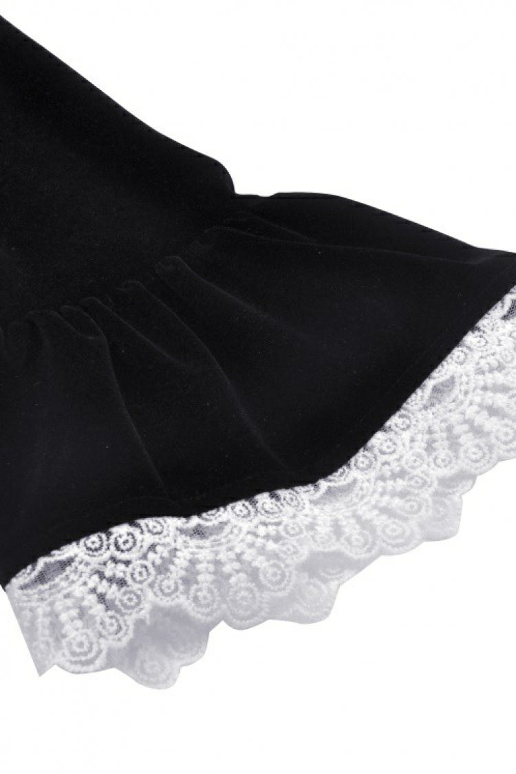 Black/White Frilly Collar Skull Bow Tie Long Puff Sleeves Lace Lace-Up Women's Gothic Vintage Velvet Jacket - Product - 18