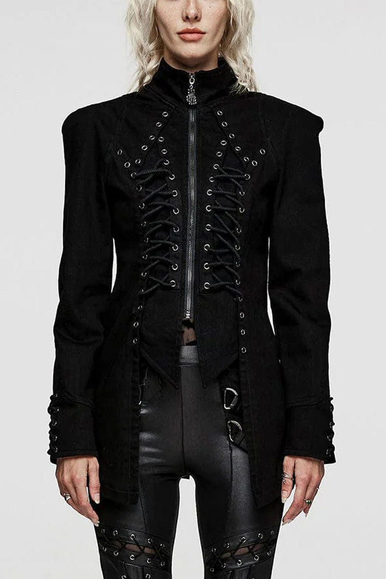 Black Denim Eyelet Rope Stand Collar Zipper Slim Irregular Womens Steampunk Coat - Black - 1