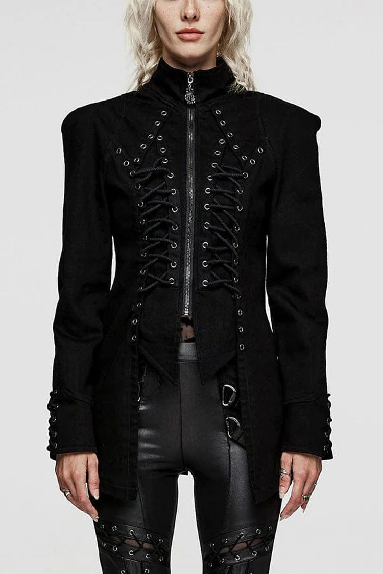 Black Denim Eyelet Rope Stand Collar Zipper Slim Irregular Womens Steampunk Coat - Black - 1
