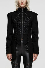 Black Denim Eyelet Rope Stand Collar Zipper Slim Irregular Womens Steampunk Coat - Black - 1