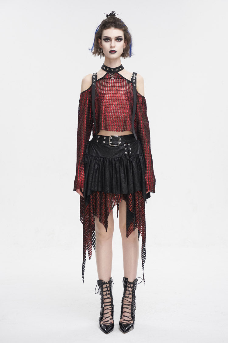 Red Off Shoulder Buckle Sheer Crop Women's Gothic Shirt - Product - 4