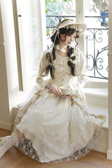 Ivory [White Tea] Long Sleeves Ruffle Bowknot Lace Irregular Classic Princess Lolita Dress - Product - 10