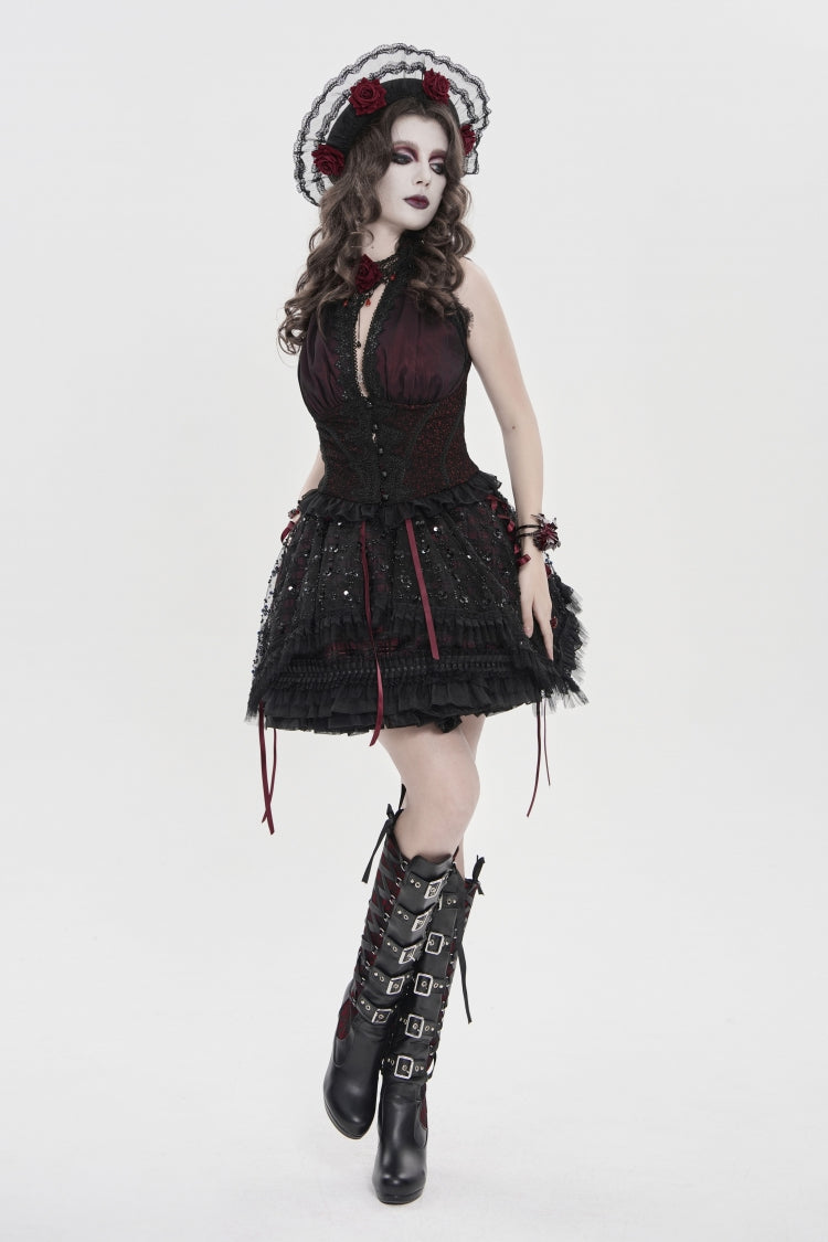 Black/Red Off Shoulder Double-Layered Embroidered Lace Lace-Up Slim Women's Gothic Vest - Product - 9