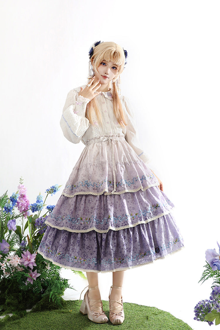 Purple [Moonlight Iris] Triple-Layered Print Ruffle Embroidery Lace Sweet Lolita Skirt - Product - 2