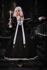 Black [Nun] Long Sleeves Print Stitching Lace Gothic Elegant Lolita Dress - Product - 5
