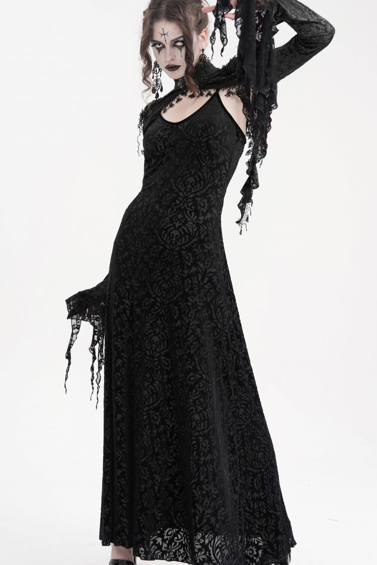 Black Stand Collar Long Sleeves Lace Tassels Women's Gothic Cape - Product - 7