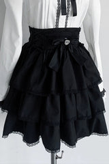 Jirai Kei Doll Collar Long Sleeves Triple-Layered Ruffled Bow Lace Japanese Skirt Blouse Set 2 Colors - Black-Skirt(Only) - 15