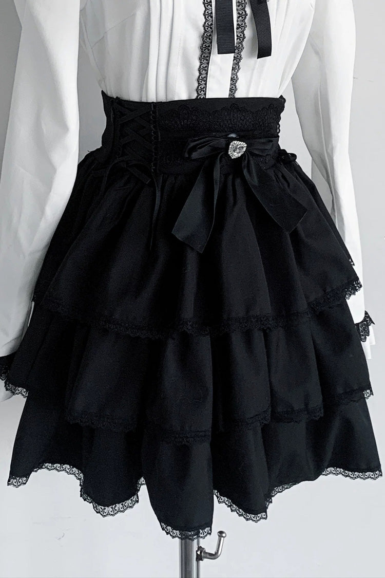 Jirai Kei Doll Collar Long Sleeves Triple-Layered Ruffled Bow Lace Japanese Skirt Blouse Set 2 Colors - Black-Skirt(Only) - 15