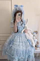 Blue Long Sleeves Hanayome Bow Lace-Up Sweet Gorgeous Lolita Dress with Train and Veil - Product - 2