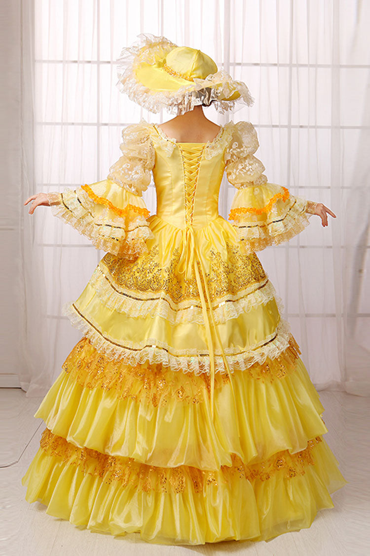 Yellow Hime Sleeves High Waisted Lace Stitching Gem Button Multi-Layer Victorian Lolita Prom Dress - Product - 4